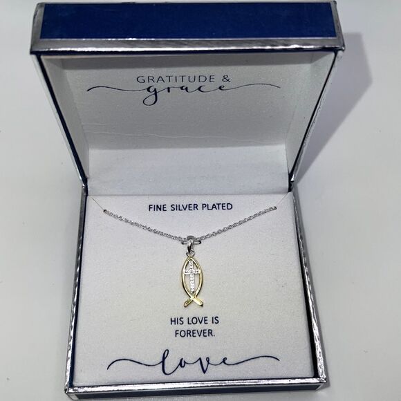 Unwritten Gratitude & Grace Two-Tone CZ Jesus Fish Pendant Necklace New - Picture 2 of 5